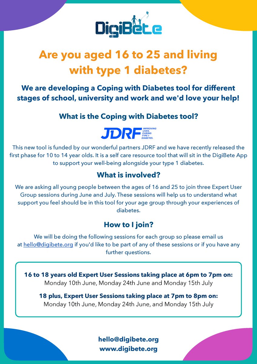 🎇Would you like to be involved in the next co-design group for the Coping with Diabetes Tool? 🎇

👉Take a look at the poster below for full details and get in touch. 

💙You can email us at: hello@digibete.org 
#DigiBete #T1D #Type1diabetes #GBdoc #dedoc #diabetes