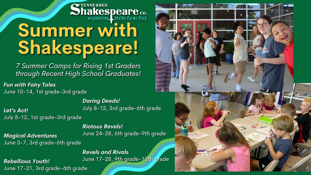 TSC Summer Camps are a great opportunity to keep your children engaged and learning over the break! Campers will learn the work ethic and team-building skills vital to a successful performance on stage and in life. Register today! tnshakespeare.org/education/summ…