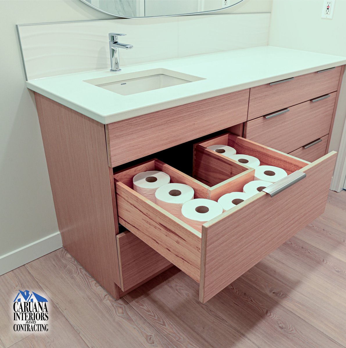 CaruanaInterior's tweet photo. We are loving this custom cut out in the vanity drawer we included in a recent renovation. The goal was to add extra space and it works perfectly for toilet paper storage!

#localcontractor #renovation #contractor #stalbertcontractor #bestoft8n #bestofhouzz #supportlocal https://t.co/bxAfPZX1NS
