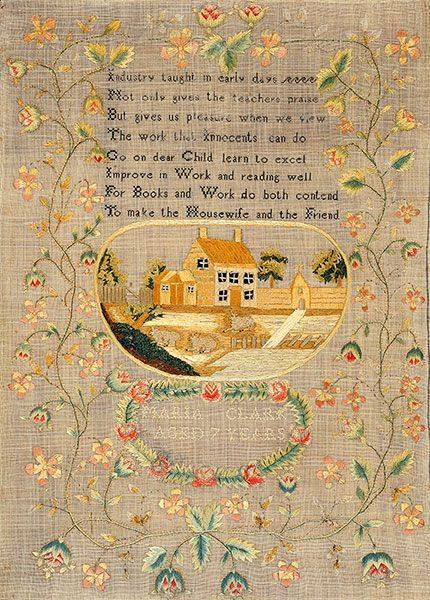 Witney_Antiques's tweet photo. These early 19th-century samplers were worked by Mary Ann Fitzgerald and Mary Clark. Mary Ann lists the year, 1814, while 7 year old Mary does not. These samplers share the same format, central scene, and verse, indicating the same school or teacher https://t.co/GJJcl48ELJ
