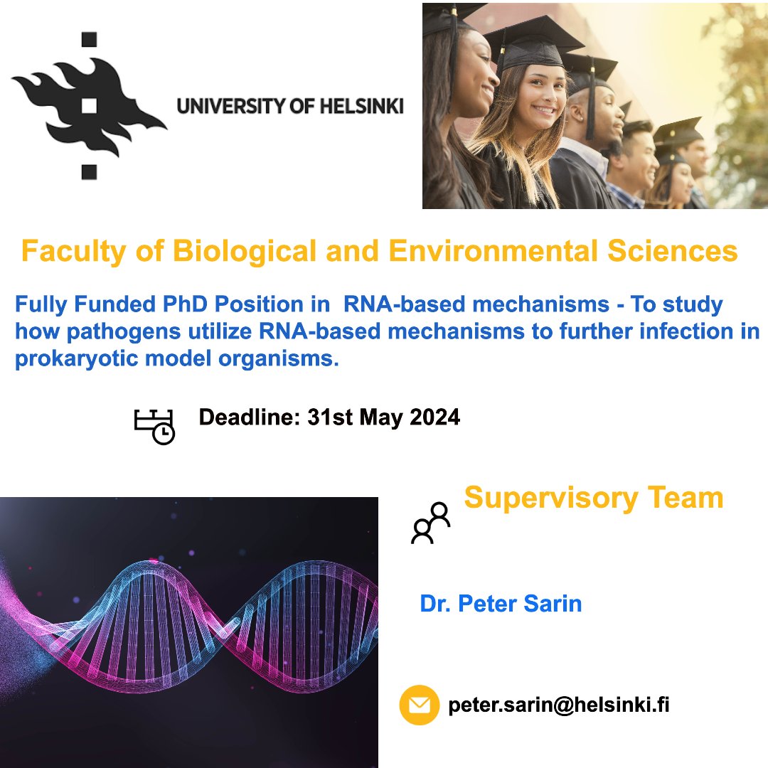 PhdScanner's tweet image. 🔃 Fully Funded📢📢 #phdposition alert
✅ Passionate about #Biosciences #bioinformatics 🧬🦠
✅ Rare upto 4⃣ years @SuomenAkatemia fully funded #PhDposition within the Faculty of Biological and Environmental Sciences @helsinkiuni
📌 This #phdproject aims to study how…
