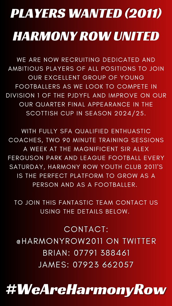 HarmonyRow2011's tweet image. Harmony Row United of Division 1 in the @PJDistrictYFL are recruiting players of ALL POSITIONS for season 2024/25.

Get in touch to come along for a trial.

#WeAreHarmonyRow