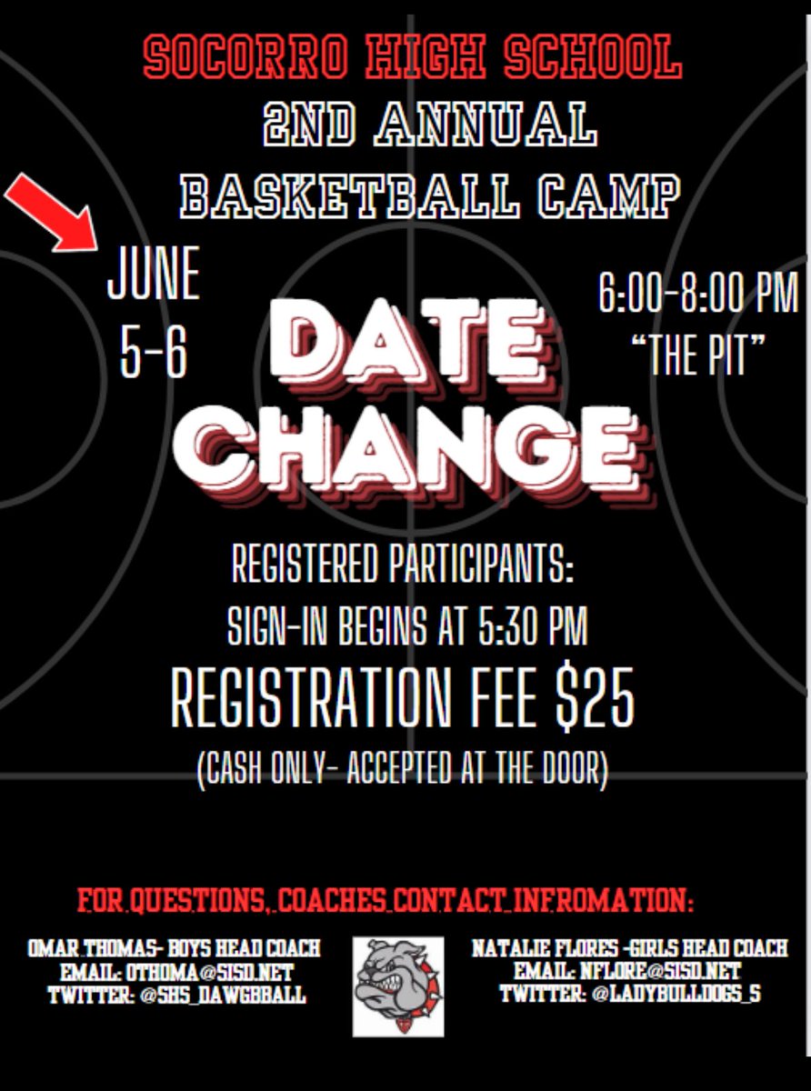 Due to unforeseen circumstances we will need to change our camp date to June 5th and 6th. Those registered already we will see you then!! @Socorro_HS1 @CoachOmarTBBall