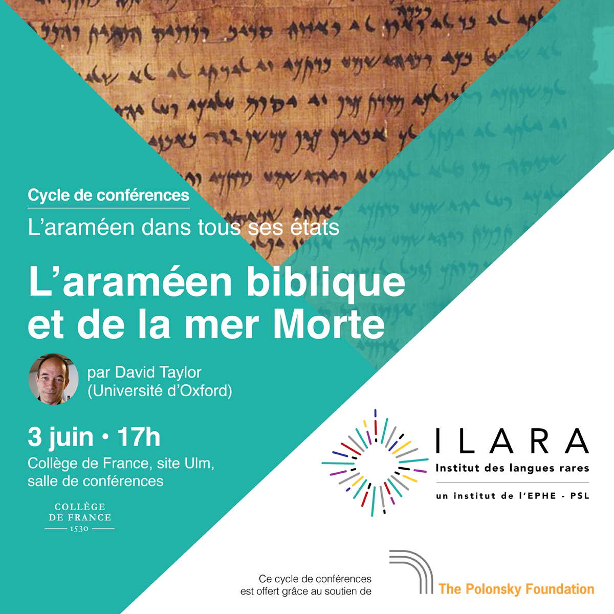 ILARA_EPHE's tweet photo. 4ᵉ conférence :  « L’#araméen #biblique et de la mer Morte » (David G.K. Taylor, @FacultyofAMES)

⏰lundi 3 juin 2024, de 17h00 à 18h30

📷Collège de France - Ulm, salle de conférences, 3 rue d’Ulm, Paris 75005

Pour s’inscrire : https://t.co/yo5Ch1L8VZ

@EPHE_PSL @cdf1530 https://t.co/ArTw5LnDBP