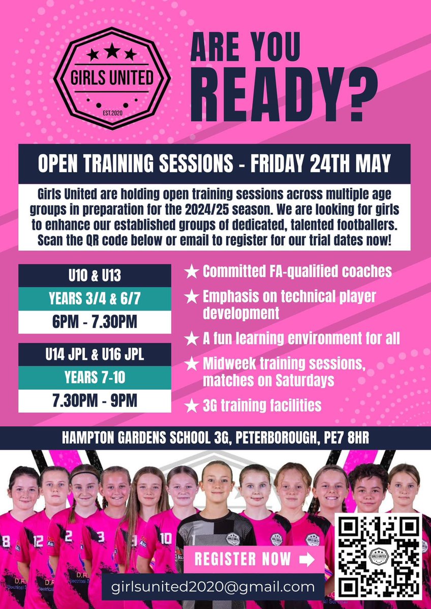 GirlsUnitedFC1's tweet photo. Our Friday night open training session is tomorrow! 

🌟 Do you need a new challenge? 
🌟 Are you ready to take the next step in your football development? 

Come on down! 

https://t.co/uPI1SROx6V

@cambsgwleague @JPL_WARRIORS @HuntsFA https://t.co/MUZtd5nvtL