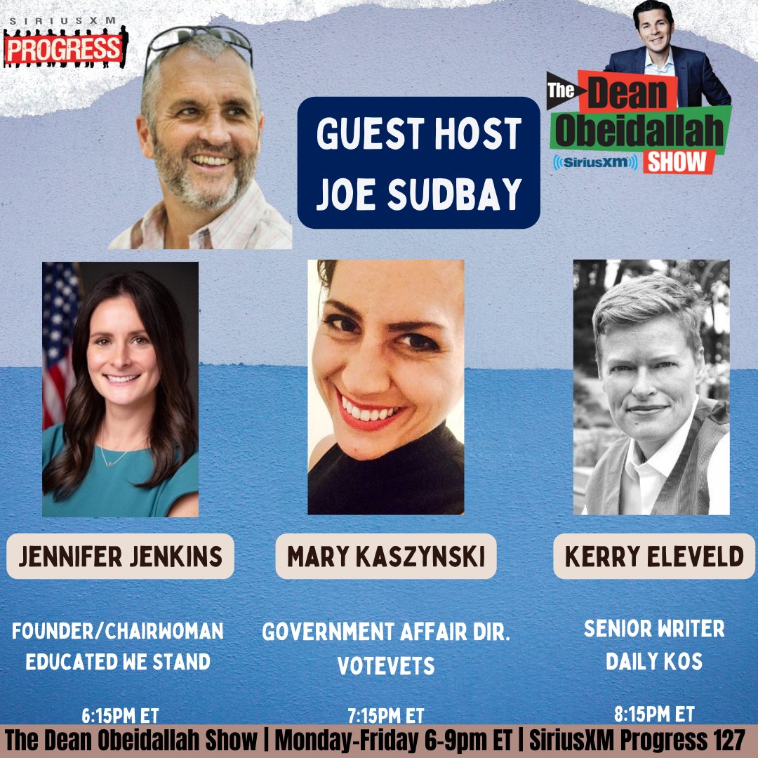 The Dean Obeidallah Show is live! @JoeSudbay breaks down the latest news from the day! Joining him today is @JenkinsBrevard of @educatedwestand, Mary Kaszynski of @votevets, and @kerryeleveld of @dailykos! ☎️: 866-997-4748 🔊: SiriusXM.us/Dean