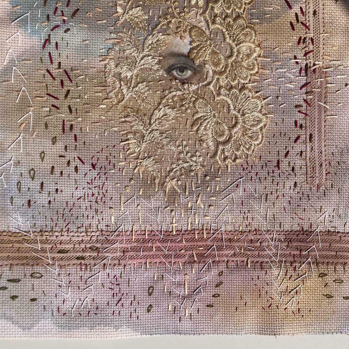 More progress around the eye.. Simple details with different threads on more dyed and painted scraps of lace. .. #eyepainting #gouachepainting #lacestitch #teadye #simpleembroidery #abstractart #eyeportrait #paintedfabric #slowstitching #mixedmediatextiles #primitiveembroidery