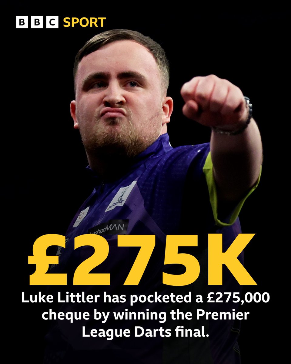 BBCSport's tweet image. Not a bad payday for a 17-year-old 💰

Luke Littler&apos;s first major PDC title!

#BBCDarts | #PLDarts