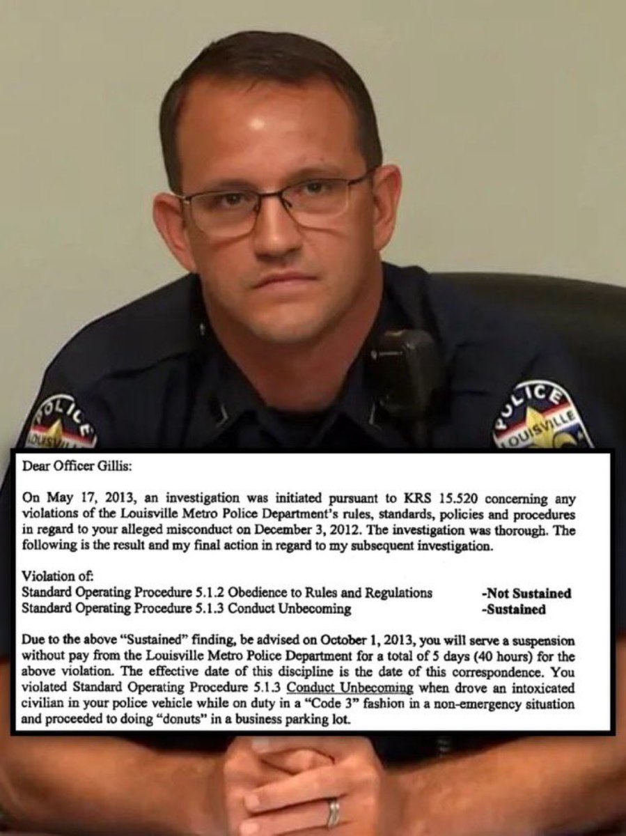 PGATUOR's tweet photo. Should Officer Gillis be in jail?

He’s already been charged with the following:

1) Wrecking his vehicle &amp; missing court
2) Suspended 5 days for doing "donuts" in his police vehicle while on duty with an intoxicated civilian https://t.co/I1SvvtoLUE