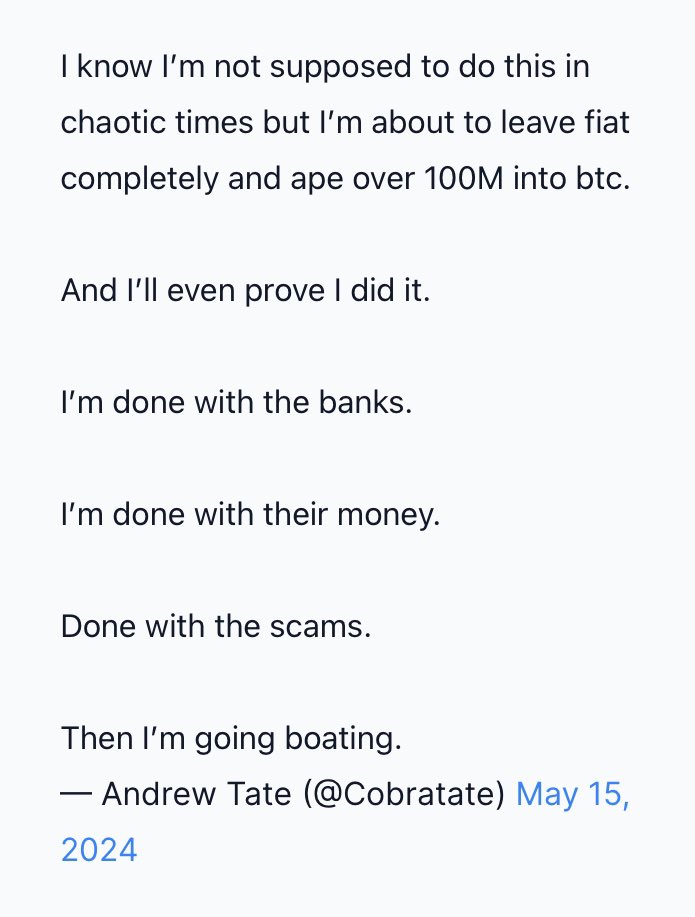 Andrew Tate to dump fiat and buy $100M worth of #Bitcoin