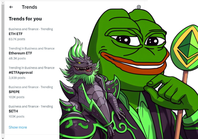 y00thereum's tweet photo. The Ethereum ETF 'bout to be approved in a few hours, and yet $PEPE is more Trendable on 𝕏 than $ETH
2024 is the year of dragon, the year of #Bitcoin &amp; ETH , but most importantly is the year of $PEPE 🐸💹
PEPE is the APEX Financial Asset, Always &amp; Forever💍 https://t.co/Yz5M5766VX