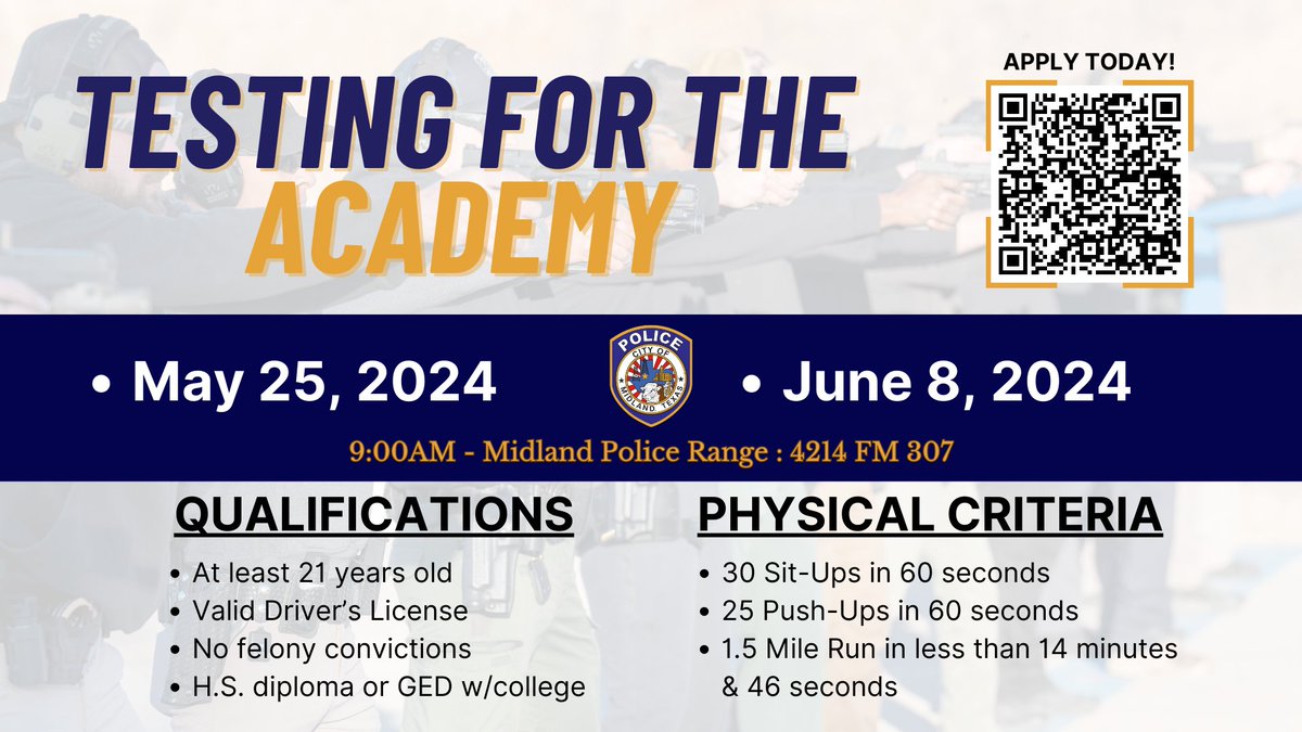 Interested in becoming a Midland Police Officer? Check out our future testing dates: Sat. May 25, 2024, 9AM Sat. June 8, 2024, 9AM Apply by visiting governmentjobs.com/careers/midlan…… or emailing the recruiting division at mpdrecruitment@midlandtexas.gov. #midlandtxpd