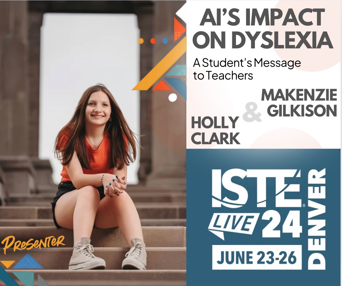 I am so excited to present with this incredible student! 

We will share how AI is having such a meaningful impact for students with Dyslexia. 

📆Join us at #ISTELive 
Mon, June 24, 1 – 2 p.m

📍Location: Innovation Arcade: Connections Stage