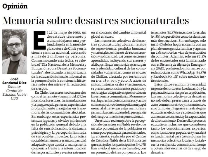 Mi columna de hoy en el diario 'La Discusión' aborda la conmemoración del 'Día Nacional de la Memoria y Educación sobre Desastres Socionaturales' (22 de mayo). @vripubb @ubbchile @ladiscusioncl @radioubbchile @ubb