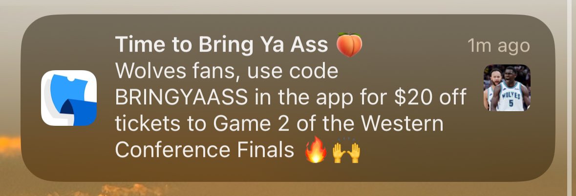 No way Looks like you can use code BRINGYAASS for $20 off on Game 2 of the WCF on @TickPick 😂😂😂