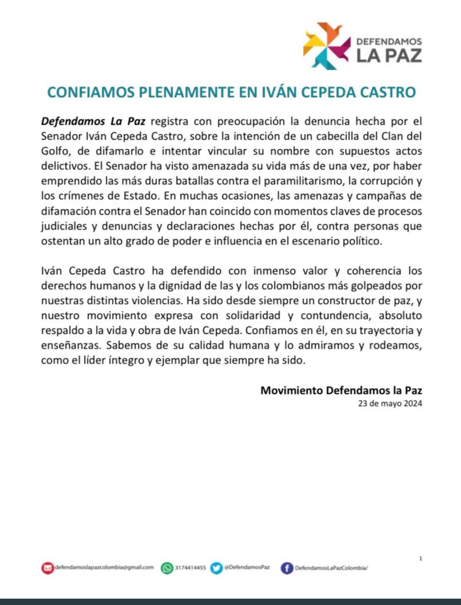 Agradezco a <a href="/DefendamosPaz/">DefendamosLaPazColombia</a> su solidaridad y respaldo: