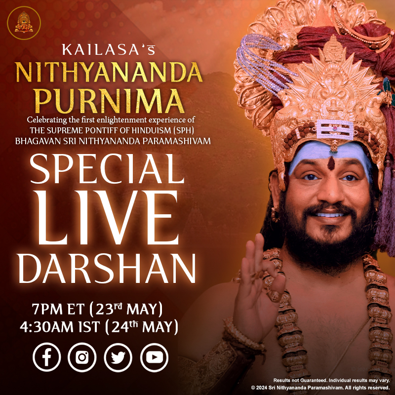 ✨ LIVE SPH Darshan: Celebrate Nithyananda Purnima, the Enlightenment Day of THE SPH Join us LIVE for a special Darshan with THE SUPREME PONTIFF OF HINDUISM (SPH), BHAGAVAN SRI NITHYANANDA PARAMASHIVAM, on the auspicious occasion of Nithyananda Purnima. This sacred day