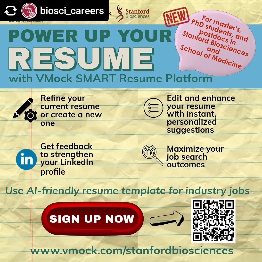 For master’s, PhDs, and postdocs in @stanfordbiosciences and  @stanfordmed 

📣 Introducing the new resume review platform - VMock! Refine your current resume or create a new one using our AI-friendly template.  #careers #resumehelp
Set up your account: vmock.com/stanfordbiosci…