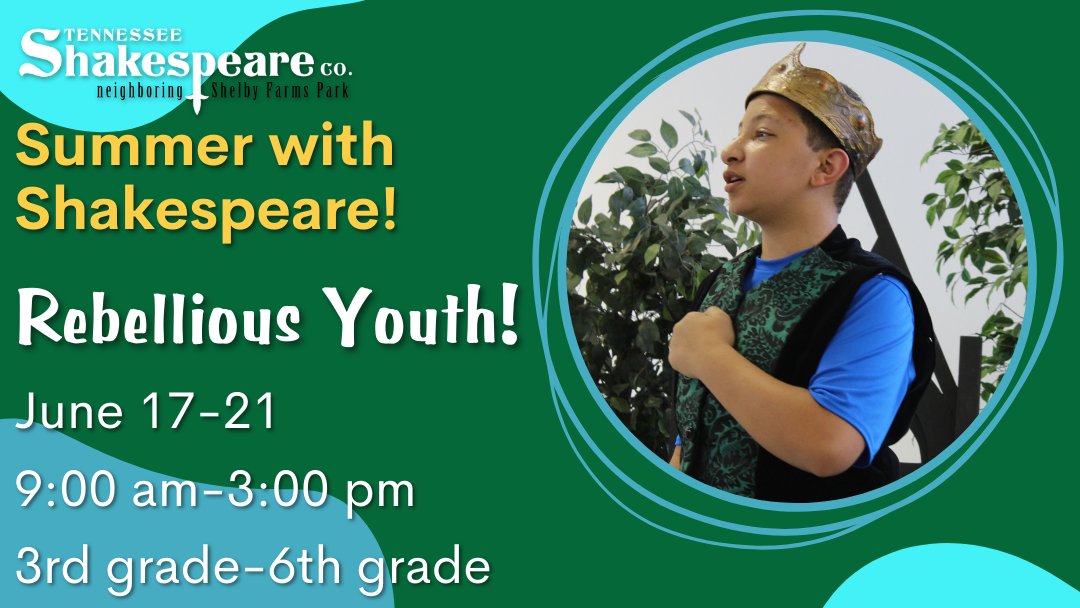 Your children can explore the rebels and rivals of Shakespeare’s stories, complete with noodle-sword combat & inspiration from heroes & heroines from ROMEO AND JULIET, HENRY IV, & other powerful stories during REBELLIOUS YOUTH Summer Camp! Register today! tnshakespeare.org/education/summ…