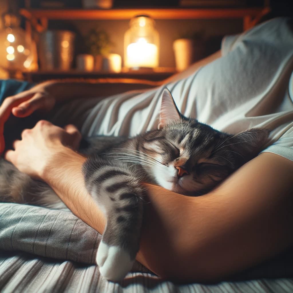 本日はDALL-E3で生成したニャンコの画像❤️ 

入力したプロンプト（指示文）は 「飼い主の腕枕で気持ち良さそうに眠る猫の写真を生成してください」 

至福の時ですよね😊

#猫 #猫のいる幸せ #猫好きさんと繋がりたい #猫でもわかる #ChatGPT #cats