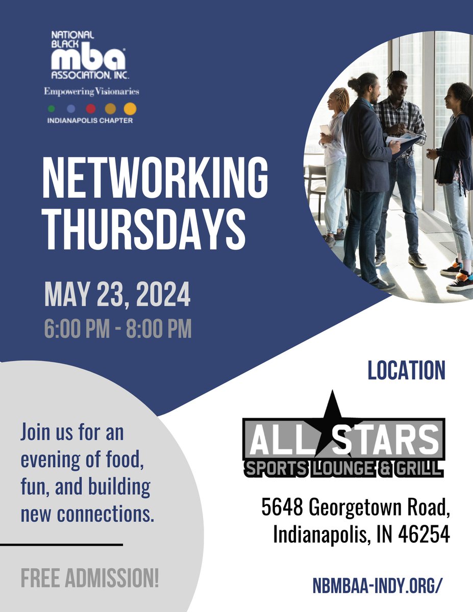 The @nbmbaahq #IndyChapter #NetworkingThursdays starts in 1 hour. See you at @AllstarsIndy! #NBMBAA #nbmbaaindy #nbmbaaindyevents #incubatorofblackexcellence #freeevents #indyevents #indianaevents #midwestevents #indynetworking #newconnections #networking #networkingevent