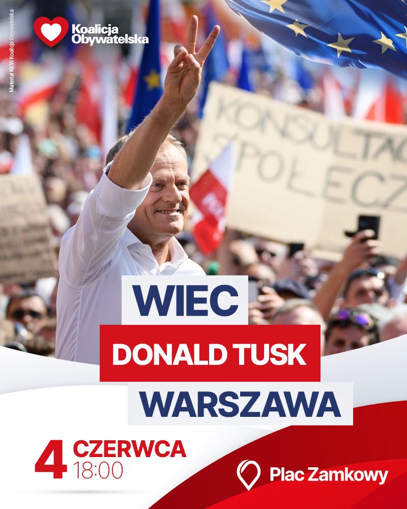 ndmplatforma's tweet image. 📣 4 czerwca bądźmy razem na wiecu @donaldtusk w Warszawie ‼️
✌️🇵🇱🇪🇺❤️✌️

#NowyDwórMazowiecki #Modlin #Pomiechówek #Zakroczym #Czosnów #Leoncin #Nasielsk #PowiatNowodworski