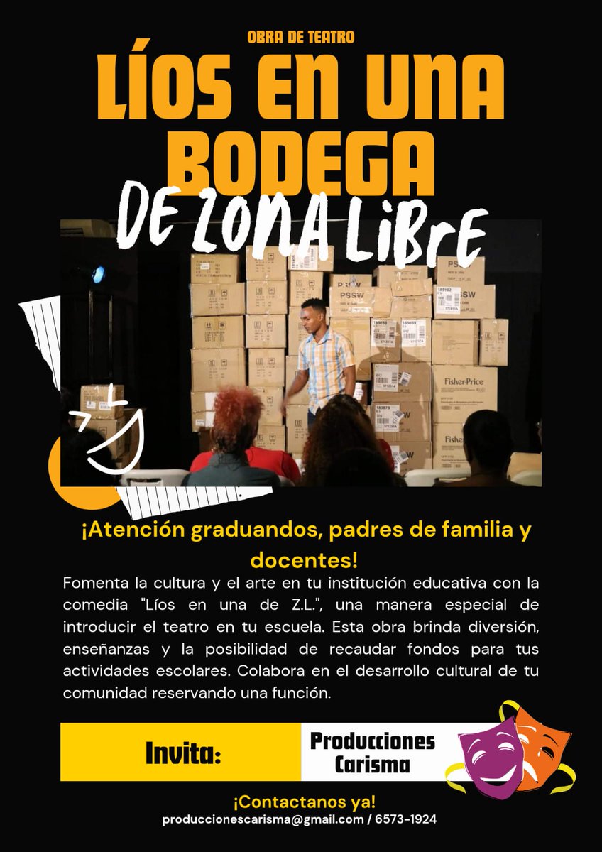 procarisma's tweet photo. Atención a las escuelas de la Provincia de Colón. Estamos llevando a los colegios la obra Líos en una Bodega de ZL Una comedia 100% colonense que muestra la realidad que se vive allí. 
Contáctanos 6573-1924 https://t.co/rdPwcKppBB