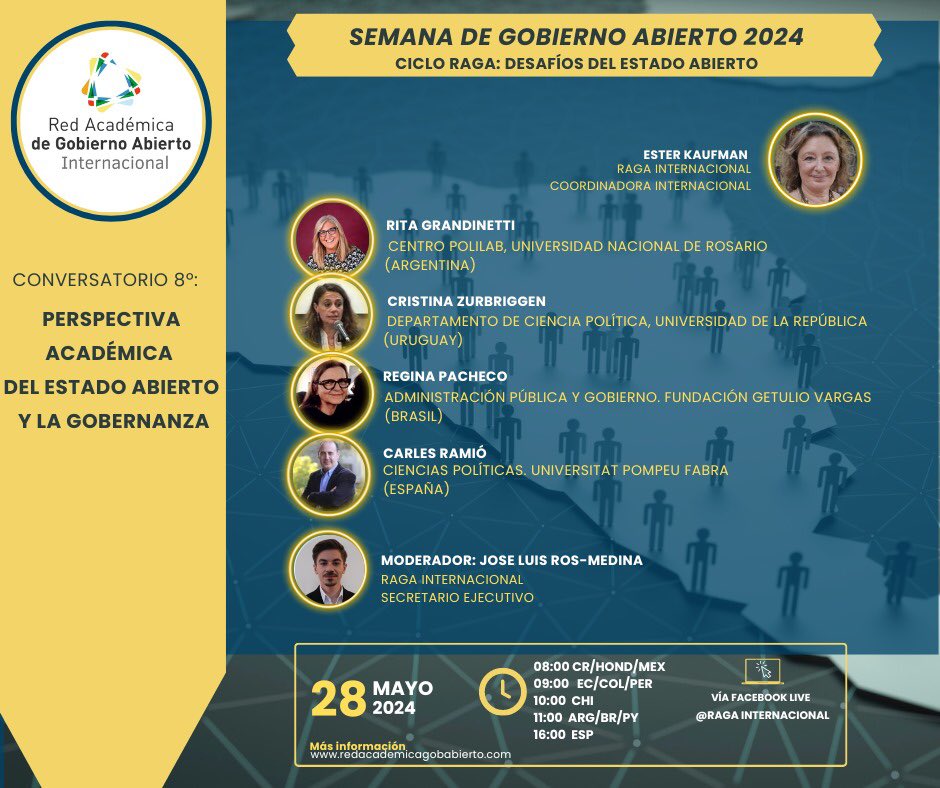 ¡Se acerca la Semana de #GobiernoAbierto 2024!

A propósito de la #OpenGovWeek, no te pierdas el conversatorio “Perspectiva académica🎓 del #EstadoAbierto y la #Gobernanza”.

🗓 28 mayo

⏰ 08h00 🇭🇳🇨🇷🇲🇽/09h00 🇪🇨🇵🇪🇨🇴/10h00🇨🇱/11h00🇦🇷🇧🇷🇵🇾/16h00🇪🇸

🎦 Facebook Live #RAGAInternacional