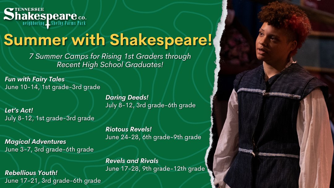 Whether your young actor is about to start 1st grade, graduating high school, or is somewhere in between, we have Summer Camps that will invigorate and inspire them! Campers will explore voice, movement, dance, and even stage combat! Find out more: tnshakespeare.org/education/summ…