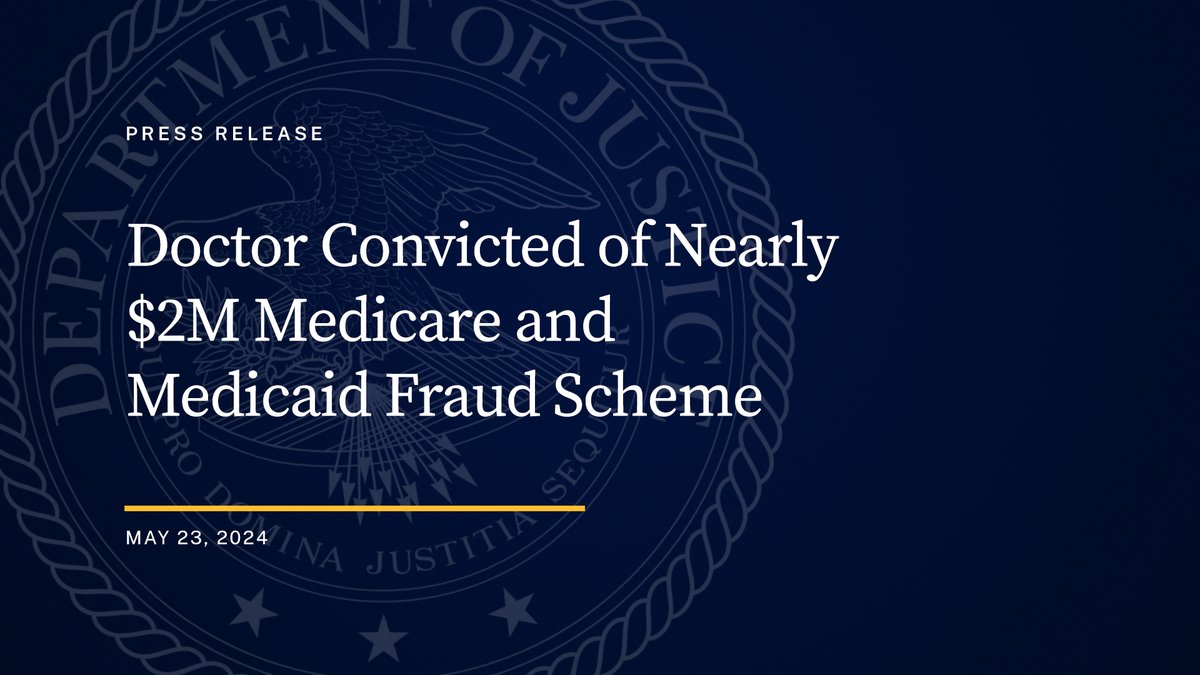 Doctor Convicted of Nearly $2M Medicare and Medicaid Fraud Scheme 🔗: justice.gov/opa/pr/doctor-…