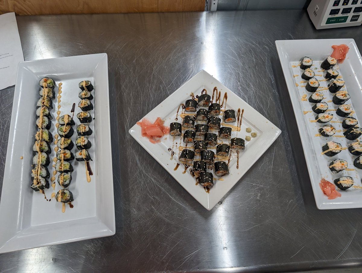 The_ChefX's tweet photo. Just like that we wrap up another semester in #NHSCulinary with our last lab, Sushi! Students enjoyed mastering 1 final skill. #OneChatham https://t.co/mTvXkfv1gh