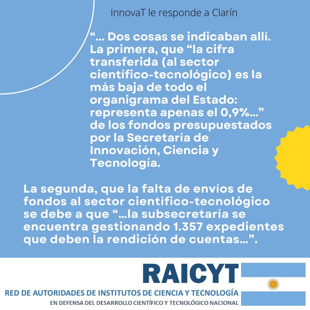 RAICYT_Ar's tweet photo. La Fundación InnovaT responde a falsedades vertidas en una nota de Clarín.

Comunicado completo: https://t.co/E2AZj0bMde https://t.co/TJUvVf5Sjv