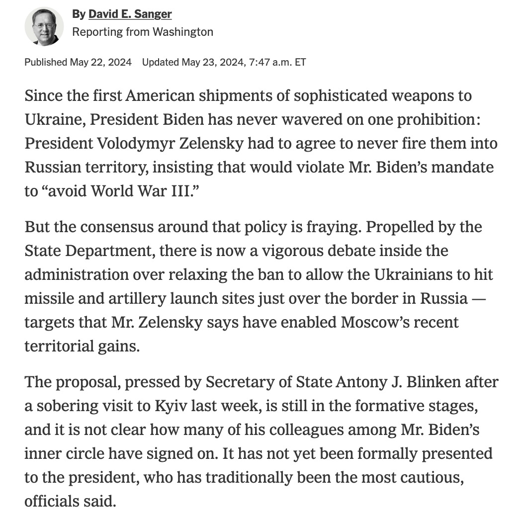 As usual, Tony Blinken and the State Department are leading the charge to demand a policy shift authorizing Ukraine to strike inside Russian territory with US-provided weapons, despite Biden previously warning that such an action could cause World War III