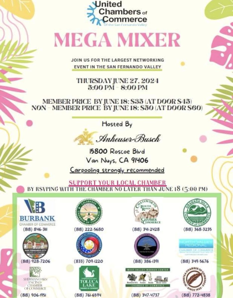 Nvrchamber's tweet photo. 📣 **Mega Mixer with United Chambers!** 📣

Join our chamber and 11 other Member Chambers of the United Chambers of Commerce for a night of delicious tastings, quality beer, and the BEST networking in the San Fernando Valley!  Tickets are https://t.co/rsqUfoo3dD https://t.co/4EbBJRwqmJ