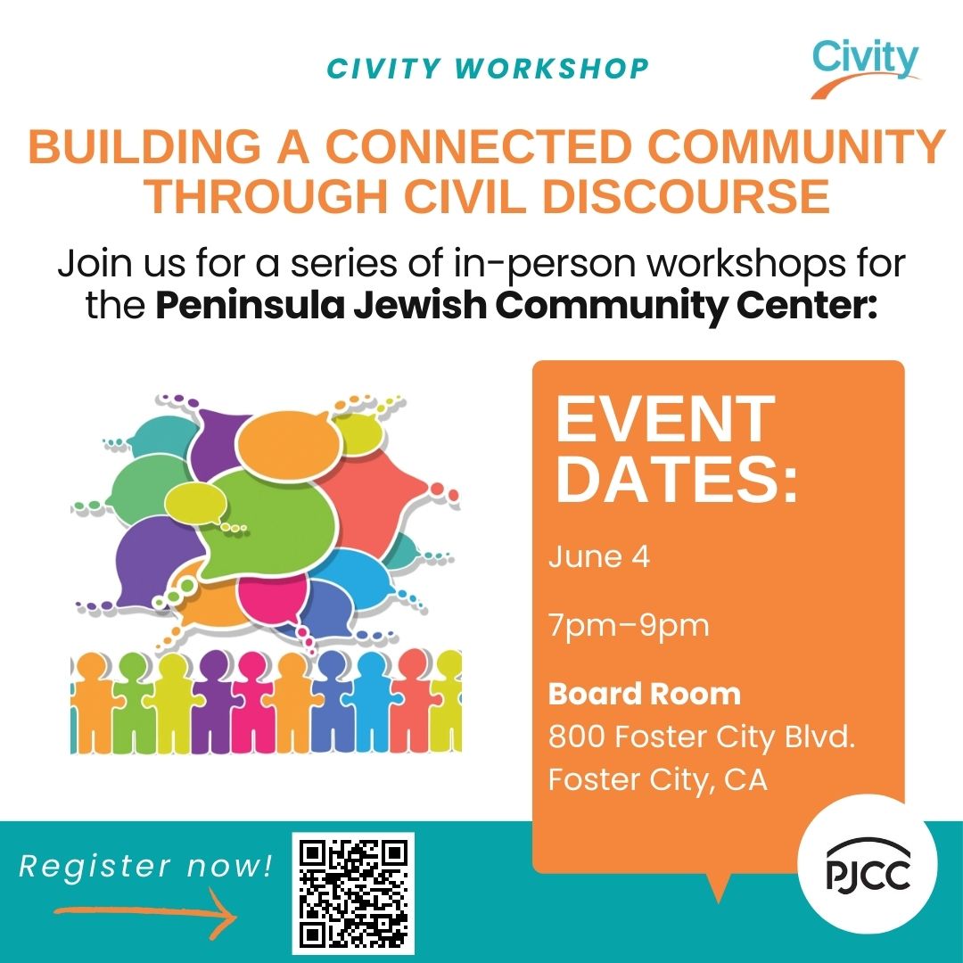 ThisIsCivity's tweet image. Join Civity co-founder Malka Kopell for her latest in-person workshop for @peninsulajcc in the SF Bay Area on June 4. 

“BUILDING A CONNECTED COMMUNITY THROUGH CIVIL DISCOURSE” 

Register using the QR code or  rb.gy/bwqxop

#thisiscivity #civity #bridging #weallbelong