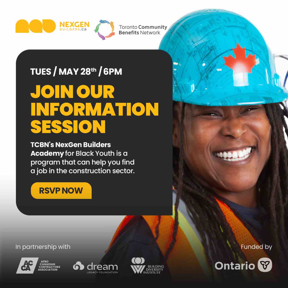 TCBN’s NexGen Builders Academy for Black Youth is a program that can help you find a job in the construction sector. Join the info session on May 28 at 6 PM to learn more. Please visit nexgenbuilders.ca/academy_info_s… to RSVP #communitybenefits #constructionjobs