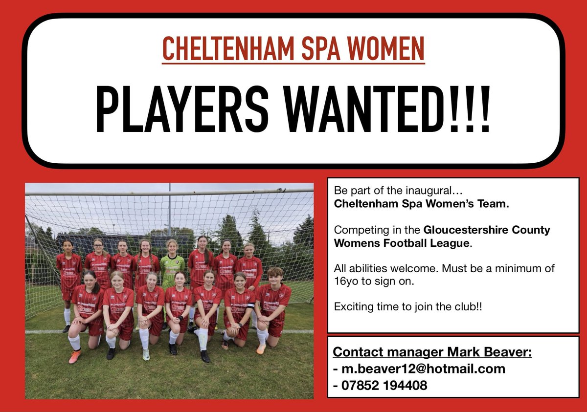 markbeaver12's tweet image. PLAYERS WANTED! Exciting times ahead as we rebrand over the Summer to Cheltenham Spa Women FC to provide a pathway for girls into Women's football. We are looking for players to join our first Women's football team. See flyer to register your interest or DM me! #CSWFC