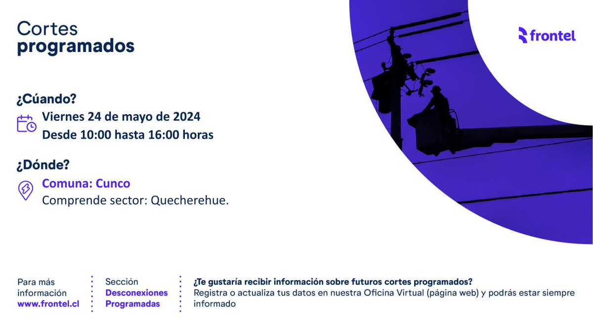 ¡Atención vecinos de #Cunco! Les recordamos que el viernes 24 de mayo de 2024 se realizará un #CorteProgramado en sector Quecherehue. Lamentamos los inconvenientes, estamos trabajando para darte el mejor servicio.