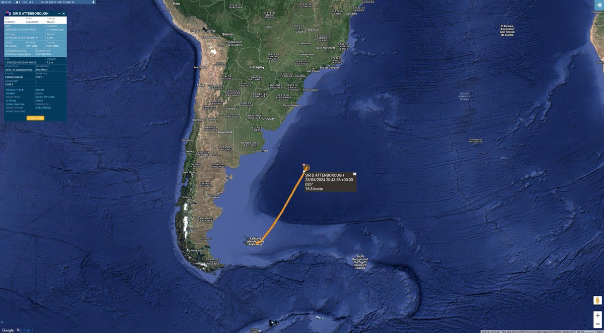 #RRSSirDavidAttenborough Here is a look at the Attenborough's progress Northward toward the U.K. They are due there on June 13th. #vesseltracking by @BigOceanData