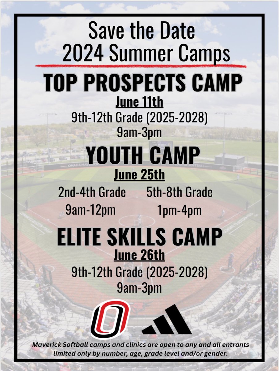 🚨 𝐂𝐚𝐦𝐩 𝐒𝐞𝐚𝐬𝐨𝐧 🚨

This summer you can camp with:

🏆 Back-to-Back Summit League Tournament Champions 
🤘2024 NCAA Regional Final team

Link 🔗: omahamaverickssoftballcamps.com