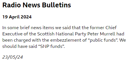 BREAKING The BBC has published a correction over a month after falsely claiming Peter Murrell had been charged with embezzlement of public funds in several news bulletins.