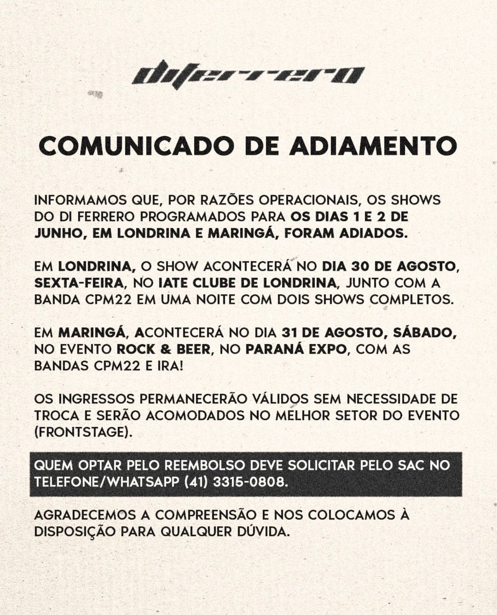 disk_ingressos's tweet photo. 🚨Adiamento 🚨

Os shows do Di Ferrero em Londrina e Maringá foram adiados!

#DiFerrero #ShowAdiamento #Londrina #Maringá #Rock #CPM22 #IRA #Música 🎶 https://t.co/SuRwK1TSiE