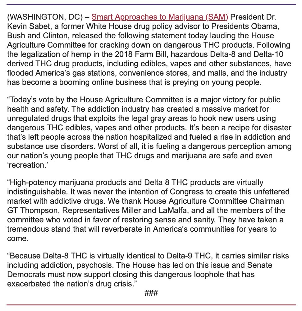 FARM BILL AMENDMENT CLOSES DANGEROUS DELTA 8 LOOPHOLE Agriculture Chairman @CongressmanGT, @RepMaryMiller, @RepLaMalfa Lauded for Their Leadership on Critical Public Health and Safety Reforms Statement from @KevinSabet