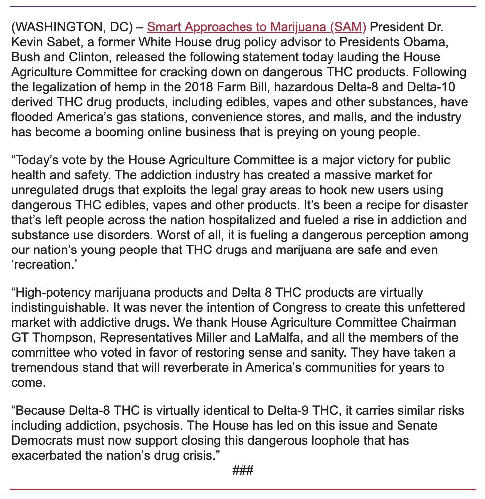learnaboutsam's tweet photo. FARM BILL AMENDMENT CLOSES DANGEROUS DELTA 8 LOOPHOLE

Agriculture Chairman @CongressmanGT, @RepMaryMiller, @RepLaMalfa Lauded for Their Leadership on Critical Public Health and Safety Reforms

Statement from @KevinSabet