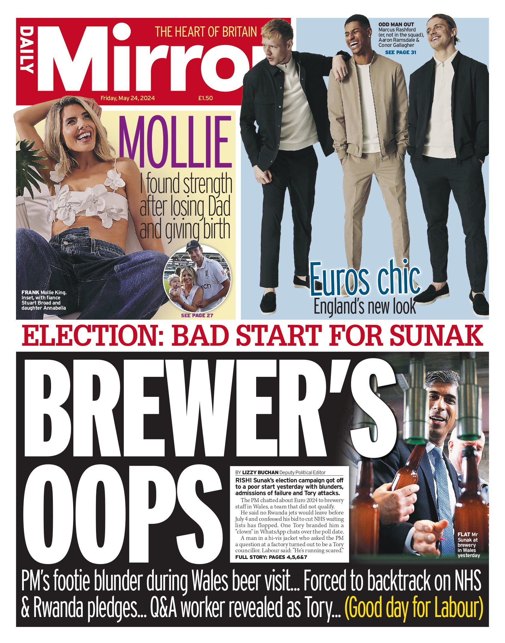 Friday's front page: Brewer's oops https://www.mirror.co.uk/news/politics/rishi-sunaks-election-campaigns-nightmare-32880216 #TomorrowsPapersToday #Sunak #generalelection 