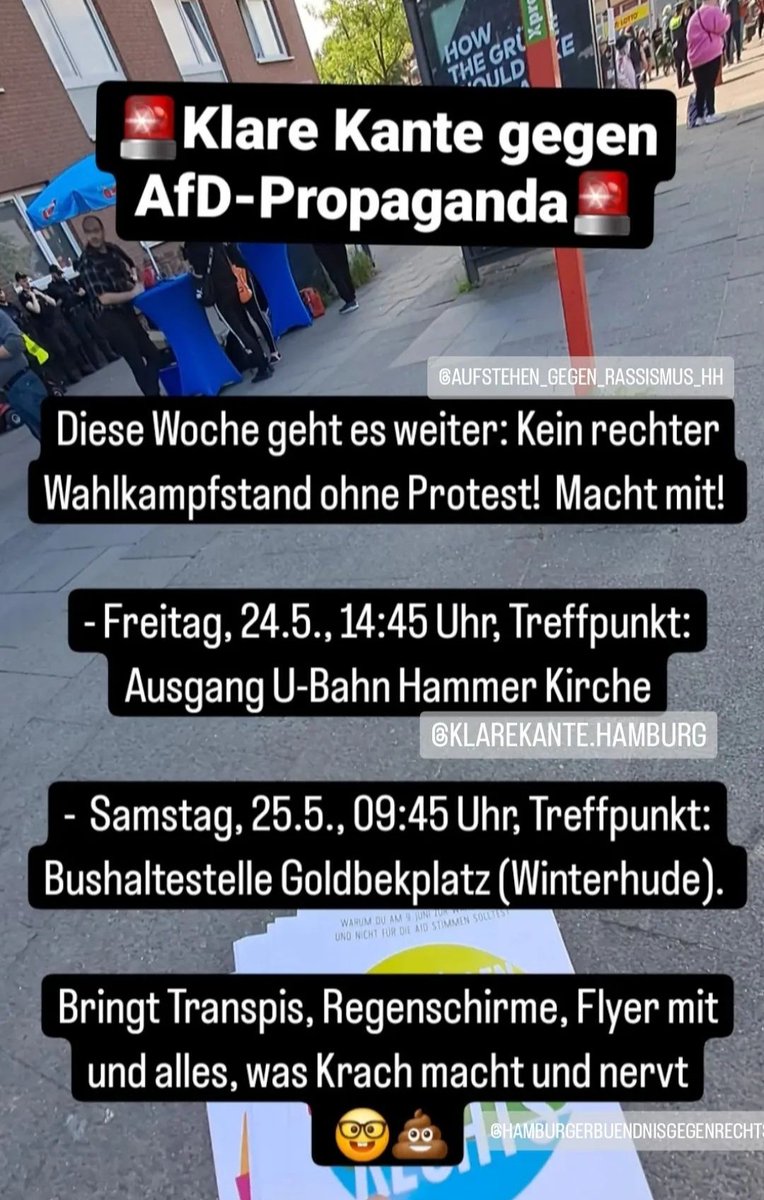 🚨 ALERTA 🚨
Diesen Freitag und Samstag der #AfD in Hamburg den Wahlkampf versauen! Kein Fußbreit ihrer menschenfeindlichen Hetze 🚩🏴 #nonazisHH #HH2405 #HH2505