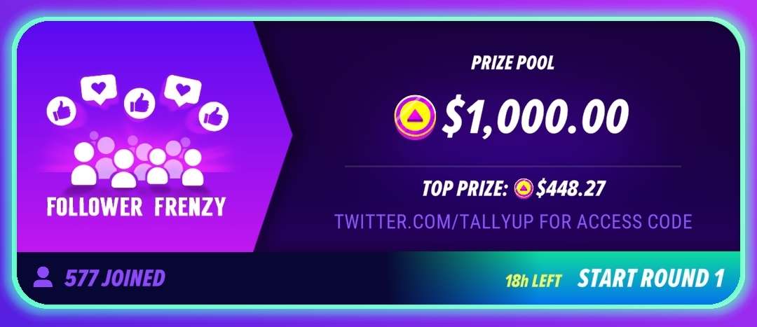 tallyup's tweet photo. 😎 NEW Follower Frenzy Tournament with a $1000 prize pool😎

Like &amp; retweet this post, follow us and we'll DM you the access code 📧

This tweet expires in 3 days, please check our newest pinned post on @TallyUP

DMs can take up to 5 minutes to send, and you must be following us! https://t.co/PFZNfAqljB