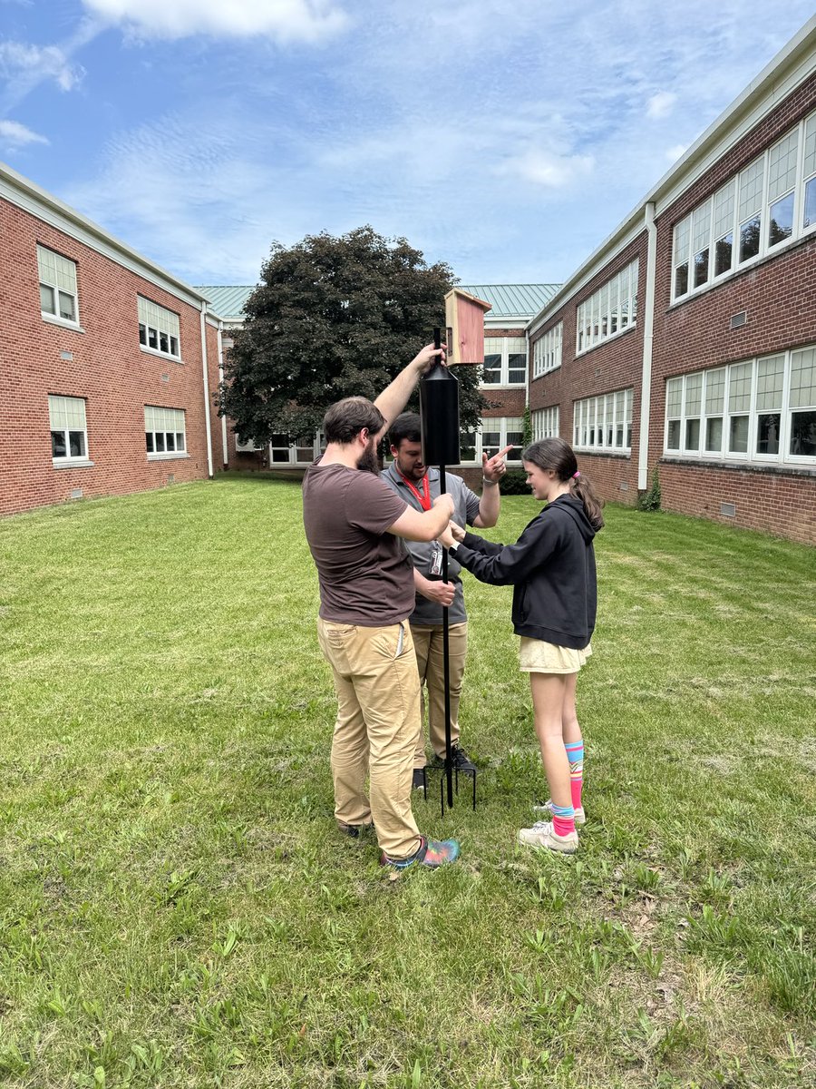 debbienotdeb's tweet photo. We installed a bluebird house in the courtyard near the library today! Hopeful a pair will move in in June and raise a family. We researched how to install the house, facing East with an open meadow. Plenty of insects to dine on, too, in this habitat. https://t.co/Yp1jAszoWL