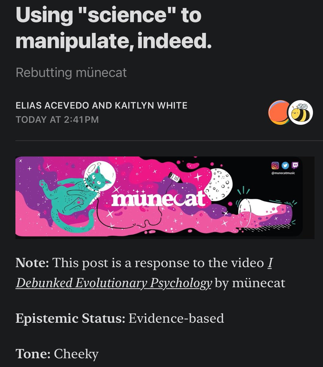@kaypeathebee and I collaborated on a rebuttal to münecat’s video “debunking” evolutionary psychology. Hopefully this helps set the record straight! open.substack.com/pub/eliasaceve…