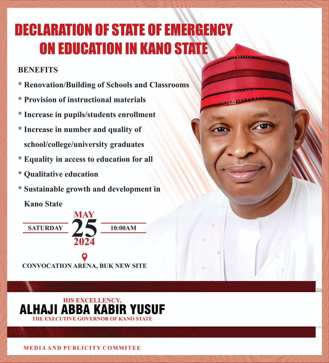 Following our well-informed research and findings into the educational sector in Kano State. Our administration kindly informs the public of the declaration of State of Emergency on Education in the state, this Saturday. - AKY